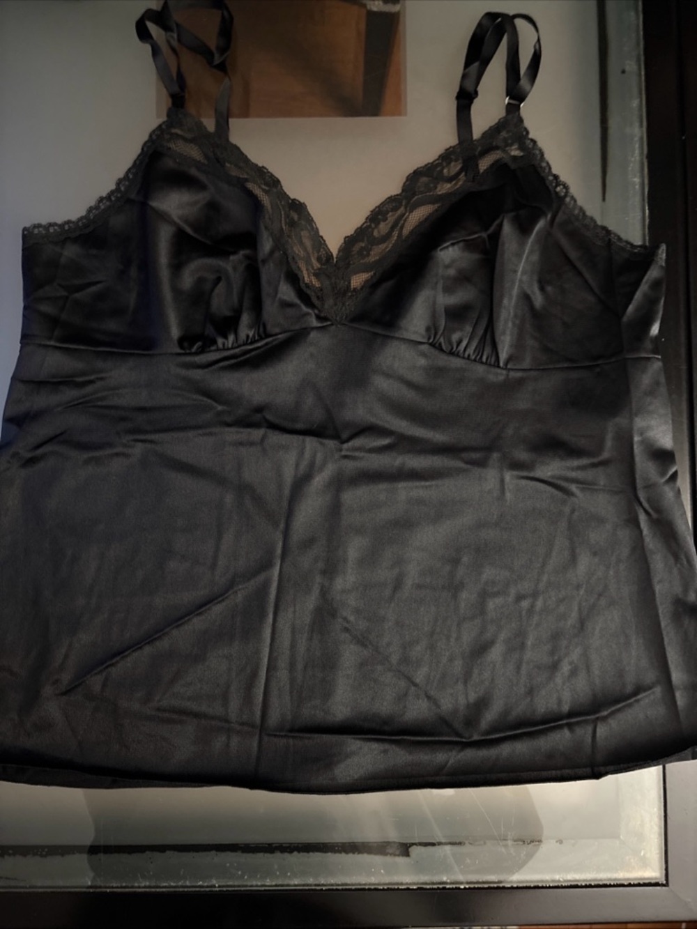 Vintage Vanity Fair Satin Camisole Women Black With Lace- 17 Inches Across